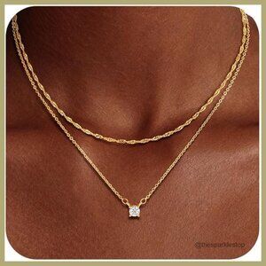 14K Gold Plated Layered Necklace Set with CZ Pendant Adjustable Chains